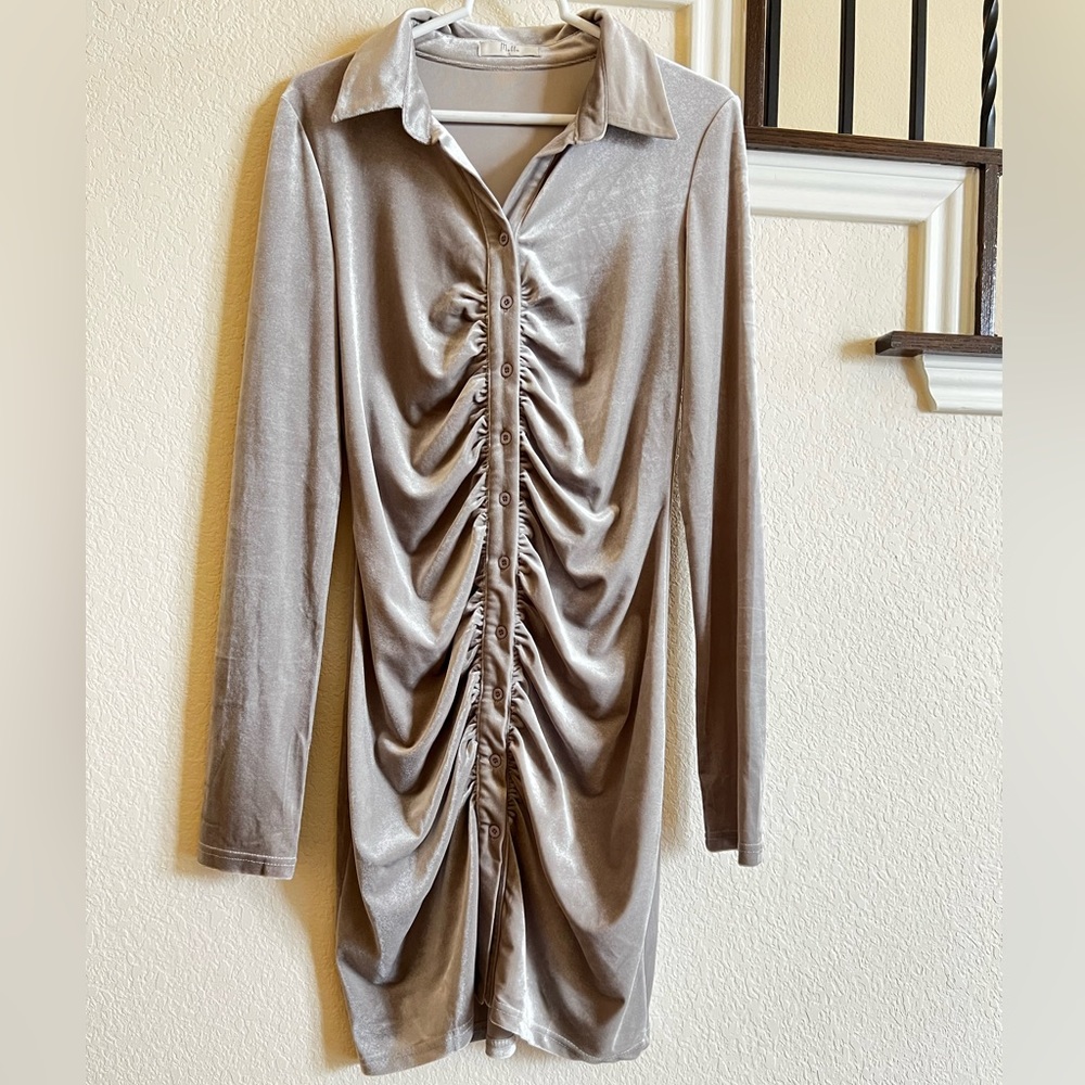 Satin Bodycon Maxi Dress with ruching down the middle.
